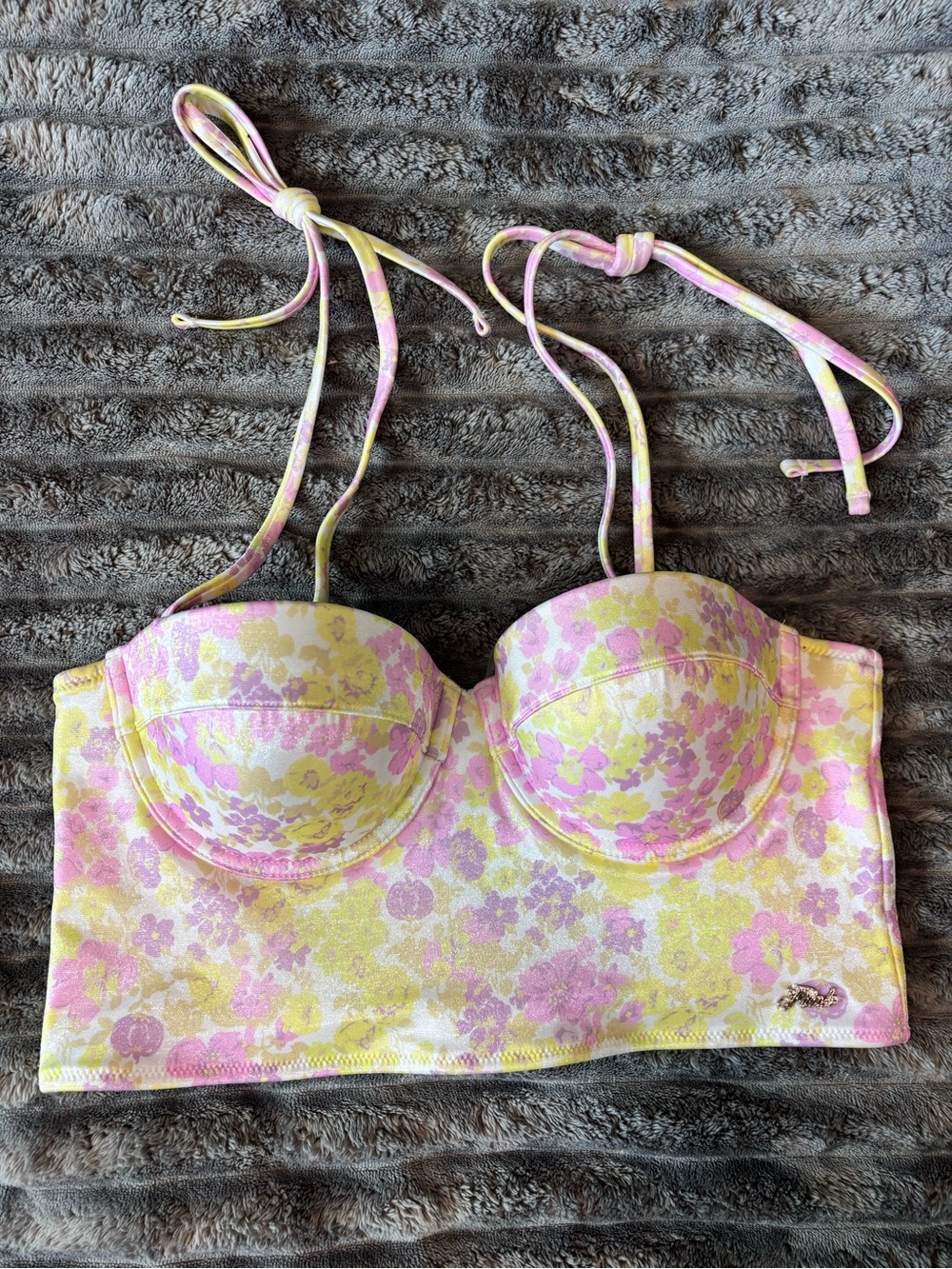 VS PINK Swim Floral Longline Bikini Swim Top in Pink & Yellow Large